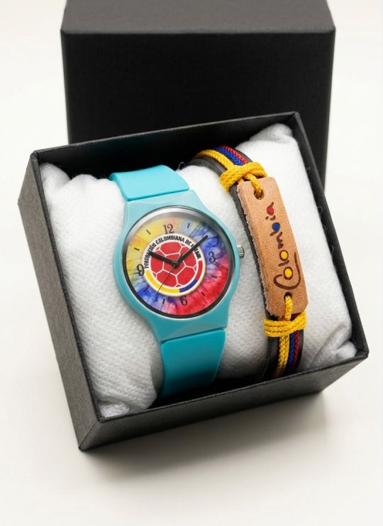 SET RELOJ GOMA CABALLERO COLOMBIA CON PULSERA EN RODIO Y ESTUCHE DE LUJO