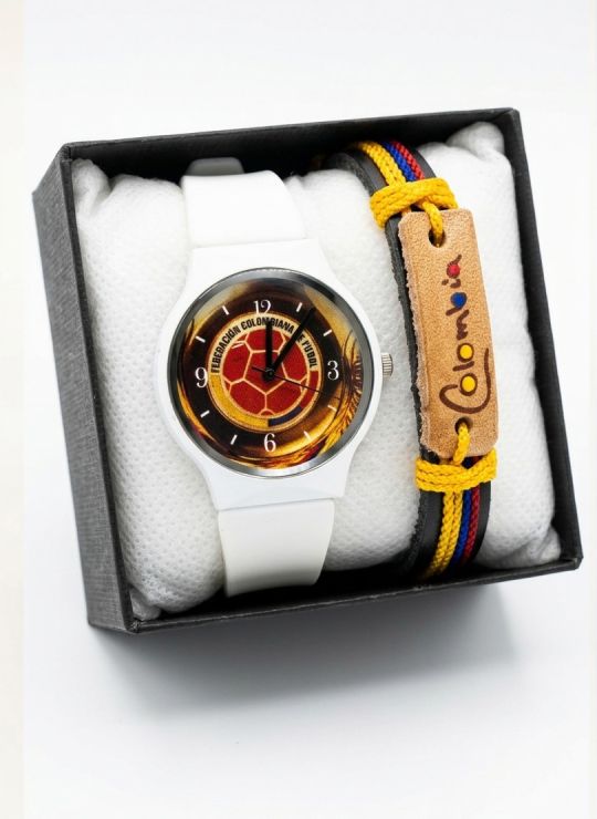 SET RELOJ GOMA CABALLERO COLOMBIA CON PULSERA EN RODIO Y ESTUCHE DE LUJO