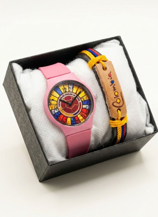 SET RELOJ GOMA CABALLERO COLOMBIA CON PULSERA EN RODIO Y ESTUCHE DE LUJO