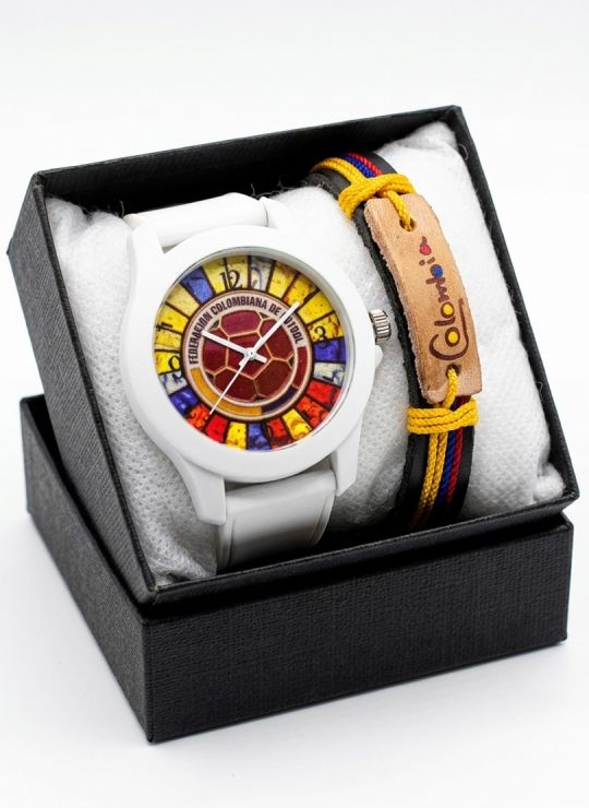 SET RELOJ GOMA CABALLERO COLOMBIA CON PULSERA EN RODIO Y ESTUCHE DE LUJO