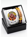 SET RELOJ GOMA CABALLERO COLOMBIA CON PULSERA EN RODIO Y ESTUCHE DE LUJO