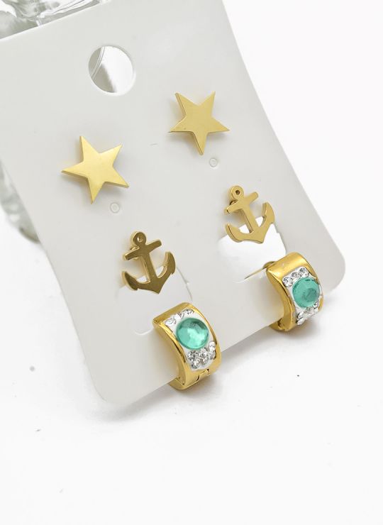 SET DE ARETES X 3 CRISTALES SURTIDO/ACERO INOXIDABLE