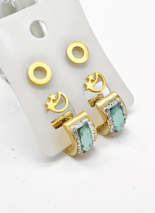 SET DE ARETES X 3 CRISTALES SURTIDO/ACERO INOXIDABLE