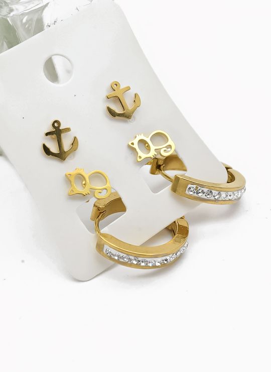 SET DE ARETES X 3 CRISTALES SURTIDO/ACERO INOXIDABLE