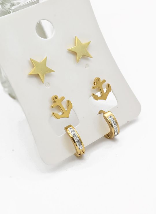 SET DE ARETES X 3 CRISTALES SURTIDO/ACERO INOXIDABLE