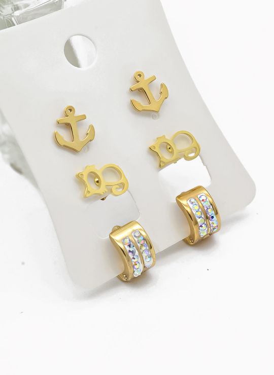 SET DE ARETES X 3 CRISTALES SURTIDO/ACERO INOXIDABLE
