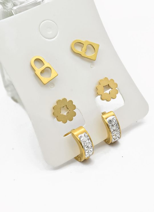 SET DE ARETES X 3 CRISTALES SURTIDO/ACERO INOXIDABLE
