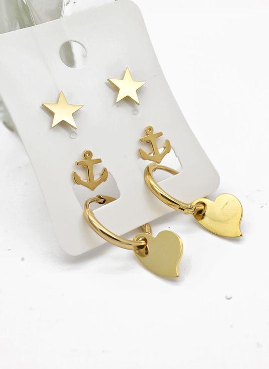 SET DE ARETES X 3 CRISTALES SURTIDO/ACERO INOXIDABLE