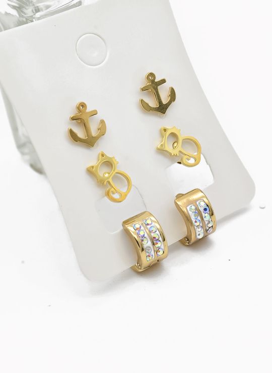 SET DE ARETES X 3 CRISTALES SURTIDO/ACERO INOXIDABLE