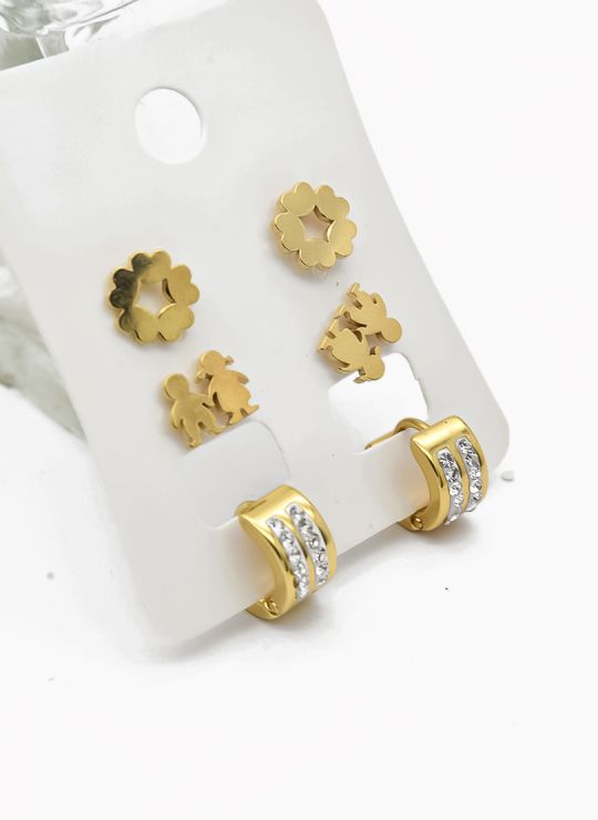 SET DE ARETES X 3 CRISTALES SURTIDO/ACERO INOXIDABLE