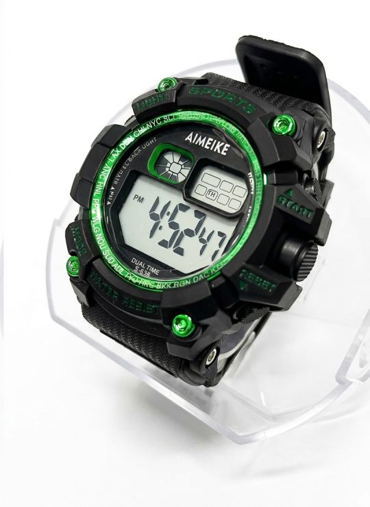 RELOJ DIGITAL SUMERGIBLE 3 MTS CON LUZ, CALENDARIO, CRONOMETRO Y ESTUCHE - PULSO EN GOMA- GARANTIA DE 3 MESES