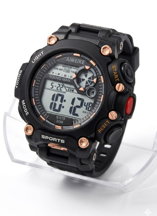 RELOJ DIGITAL SUMERGIBLE 3 MTS CON LUZ, CALENDARIO, CRONOMETRO Y ESTUCHE - PULSO EN GOMA- GARANTIA DE 3 MESES