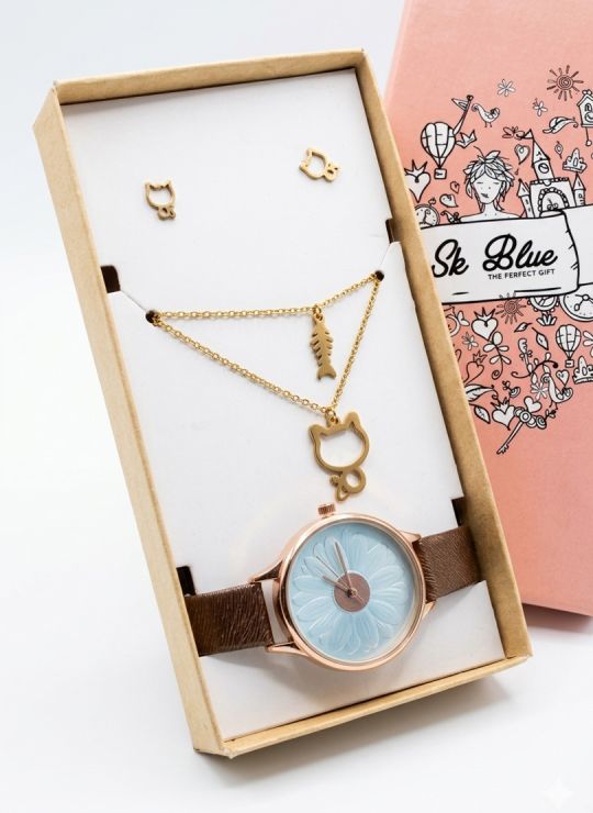 SET DE RELOJ METALICO CON COLLAR EN ACERO INOXIDABLE Y ESTUCHE