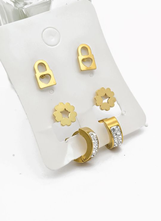 SET DE ARETES X 3 CRISTALES SURTIDO/ACERO INOXIDABLE