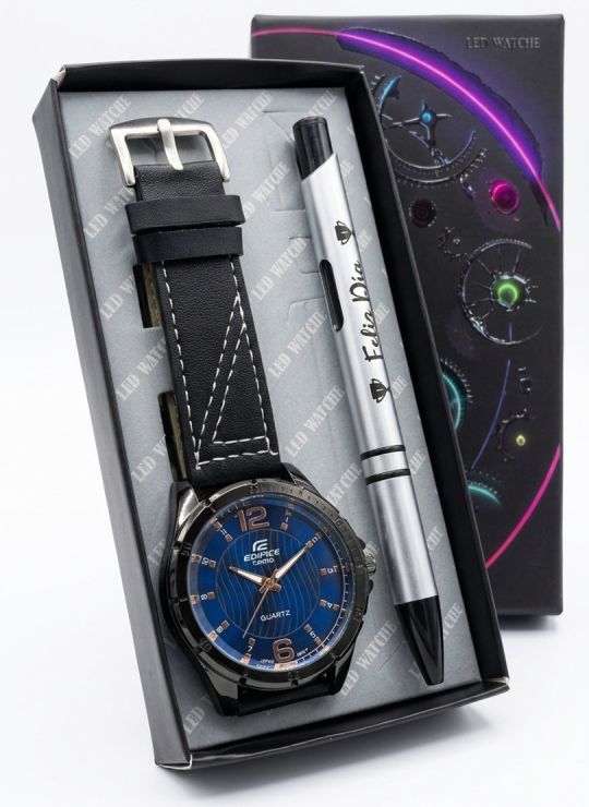 COMBO RELOJ CUERO CON BOLIGRAFO Y ESTUCHE ESPECIAL PRESENTACION VIP