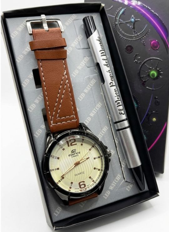 COMBO RELOJ CUERO CON BOLIGRAFO Y ESTUCHE ESPECIAL PRESENTACION VIP