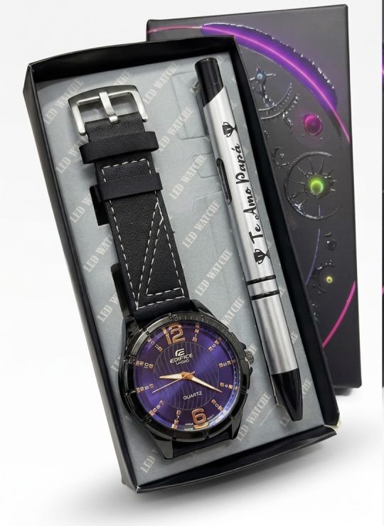 COMBO RELOJ CUERO CON BOLIGRAFO Y ESTUCHE ESPECIAL PRESENTACION VIP