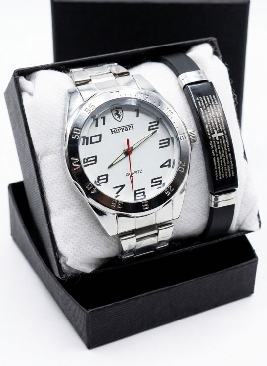 SET DE RELOJ CUERO/METALICO CON PULSERA EN ACERO EN ACERO Y ESTUCHE DE LUJO