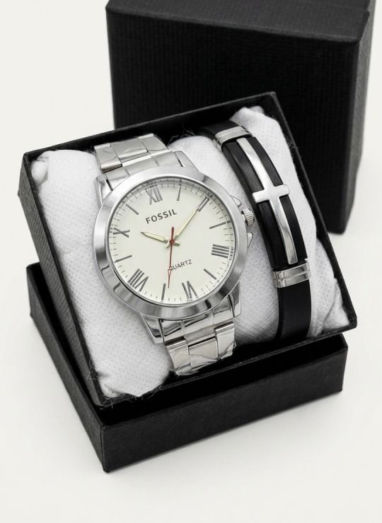 SET DE RELOJ CUERO/METALICO CON PULSERA EN ACERO EN ACERO Y ESTUCHE DE LUJO