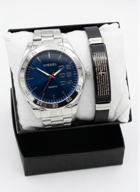 SET DE RELOJ CUERO/METALICO CON PULSERA EN ACERO EN ACERO Y ESTUCHE DE LUJO