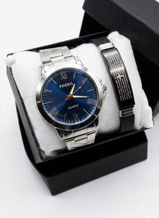 SET DE RELOJ CUERO/METALICO CON PULSERA EN ACERO EN ACERO Y ESTUCHE DE LUJO