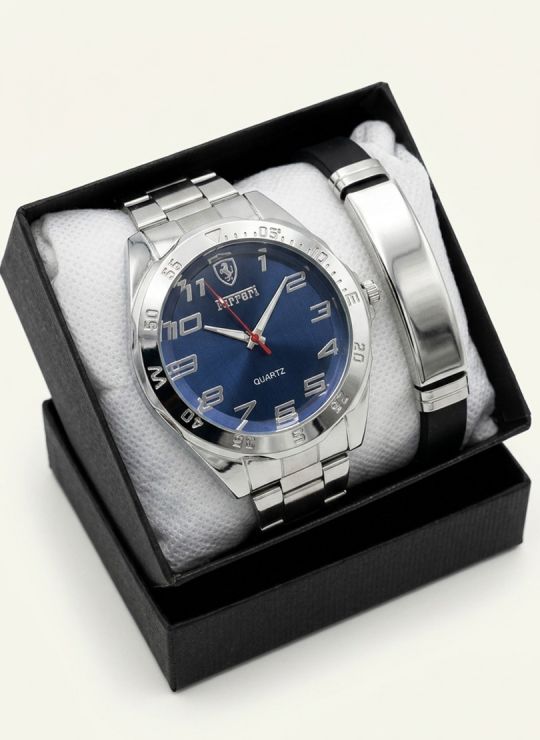 SET DE RELOJ CUERO/METALICO CON PULSERA EN ACERO EN ACERO Y ESTUCHE DE LUJO
