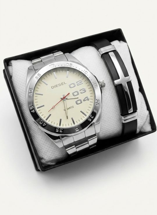 SET DE RELOJ CUERO/METALICO CON PULSERA EN ACERO EN ACERO Y ESTUCHE DE LUJO