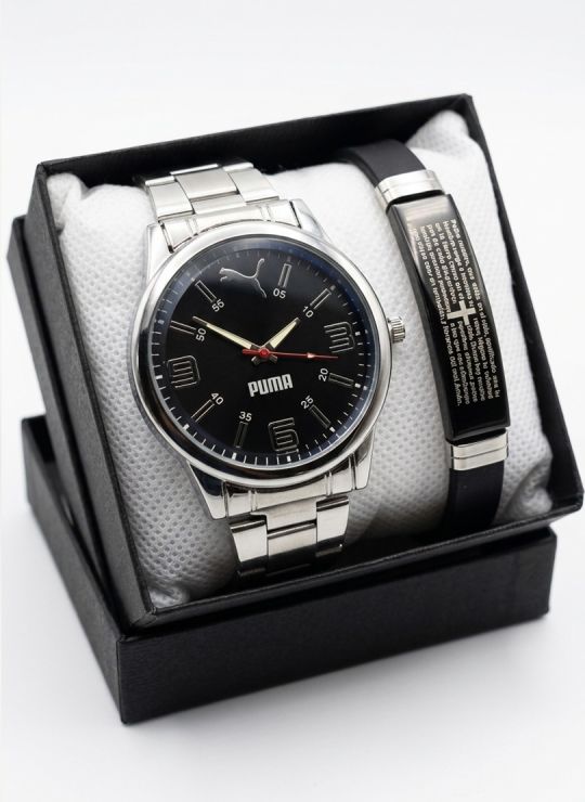 SET DE RELOJ CUERO/METALICO CON PULSERA EN ACERO EN ACERO Y ESTUCHE DE LUJO