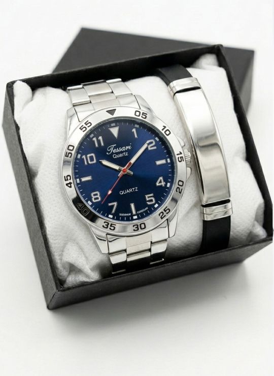 SET DE RELOJ CUERO/METALICO CON PULSERA EN ACERO EN ACERO Y ESTUCHE DE LUJO