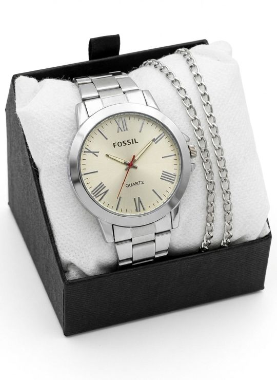SET DE RELOJ CUERO/METALICO CON CADENA EN ACERO Y ESTUCHE DE LUJO