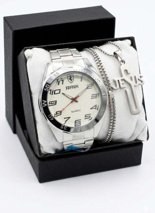 SET DE RELOJ CUERO/METALICO CON CADENA EN ACERO Y ESTUCHE DE LUJO