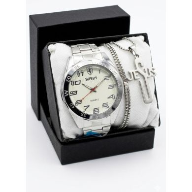 SET DE RELOJ CUERO/METALICO CON CADENA EN ACERO Y ESTUCHE DE LUJO