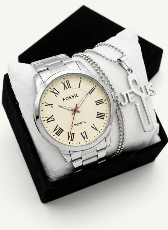 SET DE RELOJ CUERO/METALICO CON CADENA EN ACERO Y ESTUCHE DE LUJO