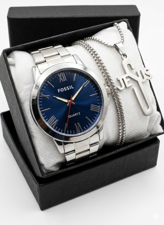 SET DE RELOJ CUERO/METALICO CON CADENA EN ACERO Y ESTUCHE DE LUJO