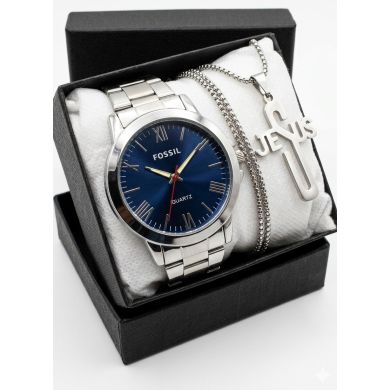 SET DE RELOJ CUERO/METALICO CON CADENA EN ACERO Y ESTUCHE DE LUJO