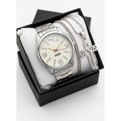 SET DE RELOJ CUERO/METALICO CON CADENA EN ACERO Y ESTUCHE DE LUJO