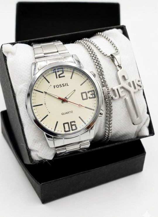 SET DE RELOJ CUERO/METALICO CON CADENA EN ACERO Y ESTUCHE DE LUJO