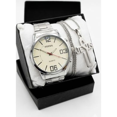 SET DE RELOJ CUERO/METALICO CON CADENA EN ACERO Y ESTUCHE DE LUJO