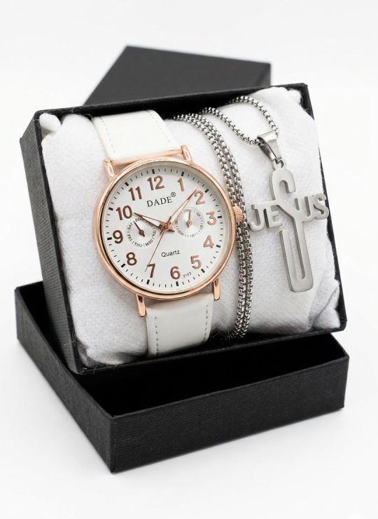 SET DE RELOJ CUERO/METALICO CON CADENA EN ACERO Y ESTUCHE DE LUJO