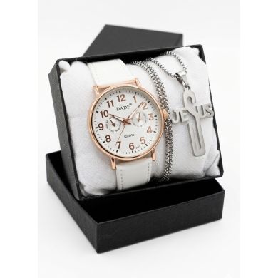 SET DE RELOJ CUERO/METALICO CON CADENA EN ACERO Y ESTUCHE DE LUJO