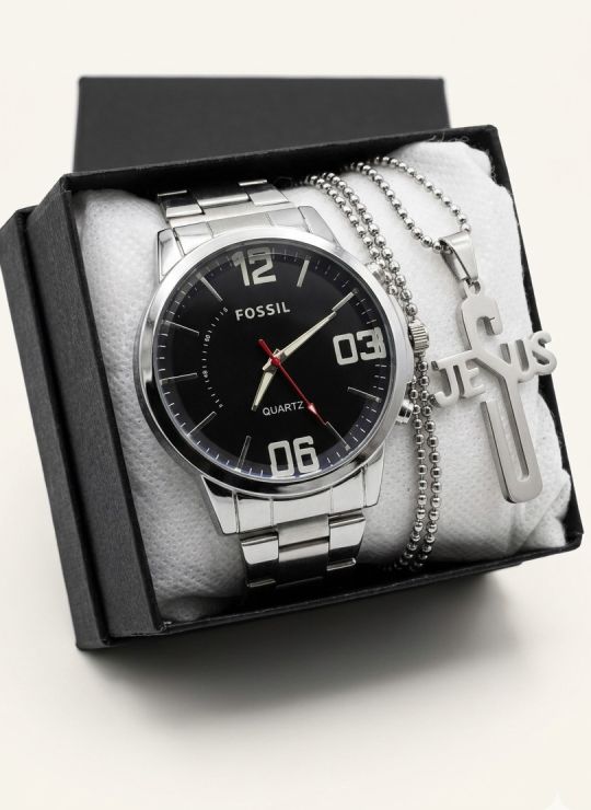 SET DE RELOJ CUERO/METALICO CON CADENA EN ACERO Y ESTUCHE DE LUJO
