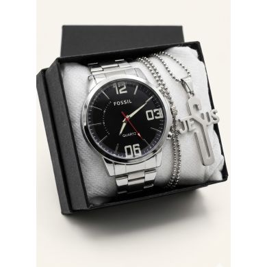 SET DE RELOJ CUERO/METALICO CON CADENA EN ACERO Y ESTUCHE DE LUJO