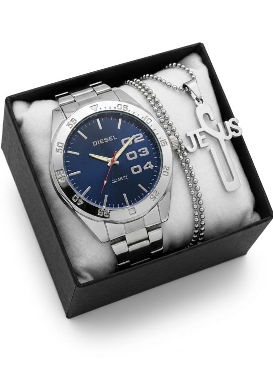 SET DE RELOJ CUERO/METALICO CON CADENA EN ACERO Y ESTUCHE DE LUJO