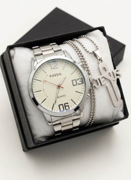 SET DE RELOJ CUERO/METALICO CON CADENA EN ACERO Y ESTUCHE DE LUJO