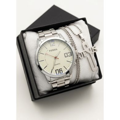 SET DE RELOJ CUERO/METALICO CON CADENA EN ACERO Y ESTUCHE DE LUJO