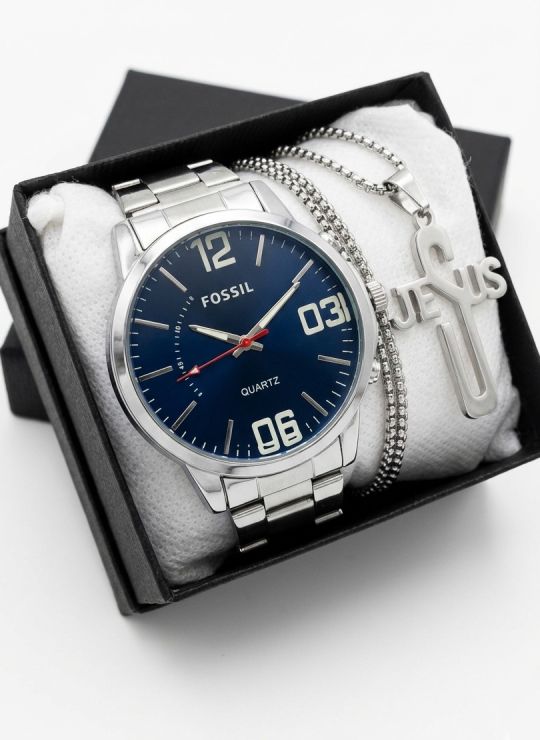 SET DE RELOJ CUERO/METALICO CON CADENA EN ACERO Y ESTUCHE DE LUJO