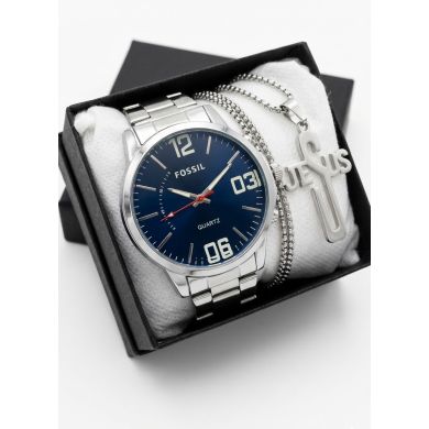 SET DE RELOJ CUERO/METALICO CON CADENA EN ACERO Y ESTUCHE DE LUJO