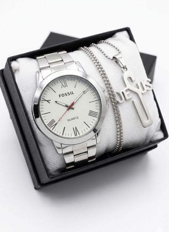 SET DE RELOJ CUERO/METALICO CON CADENA EN ACERO Y ESTUCHE DE LUJO
