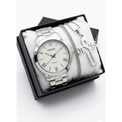 SET DE RELOJ CUERO/METALICO CON CADENA EN ACERO Y ESTUCHE DE LUJO