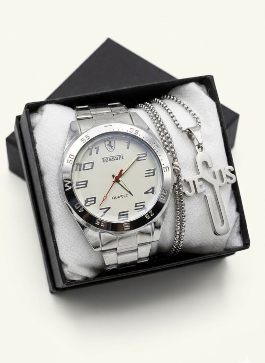 SET DE RELOJ CUERO/METALICO CON CADENA EN ACERO Y ESTUCHE DE LUJO